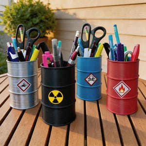 May include: Four barrel-shaped pen holders in silver, black, blue, and red, each with a hazard symbol. The holders are filled with pens, pencils, and scissors. The holders are sitting on a wooden table.