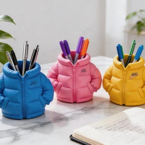 May include: Three pen holders shaped like puffer jackets in blue, pink, and yellow. Each holder has a zipper and the Nike logo. The blue holder contains black and silver pens, the pink holder has purple and orange markers, and the yellow holder has blue and green pens.