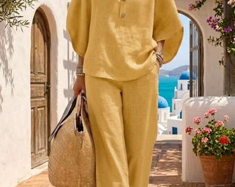 Cotton Two Piece Set, Loose Button Top, Wide Leg Pants, Casual Outfit