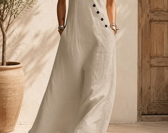 Women's Sleeveless Maxi Dress Casual V Neck Button Detail Flowy Summer Dress