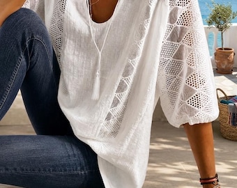Women Lace Patchwork Cotton Top Loose U-Neck Three Quarter Sleeve Casual Blouse