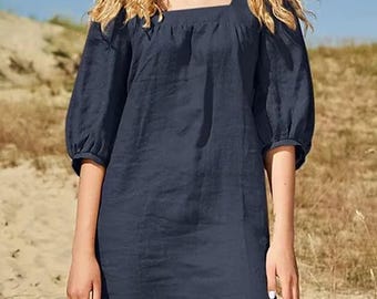 Linen Short Dress Women Loose Cotton Minimalist Casual Summer Outfit Relaxed Everyday Wear
