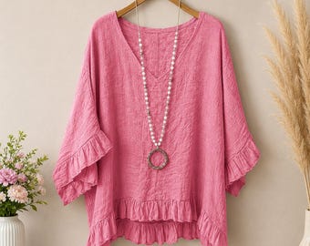 Women Loose Fit Ruffle Hem V Neck Tunic Top Pink Casual Blouse