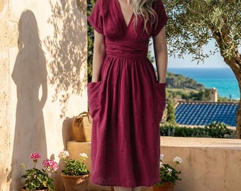 Women Cotton Linen Midi Dress V Neck Short Sleeve Casual Pocket Dress