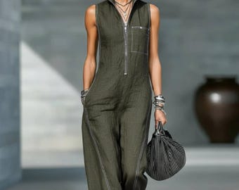 Sleeveless Jumpsuit for Women Casual Wide Leg Polyester Everyday Outfit