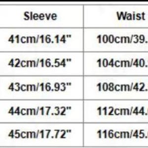 May include: A size chart with measurements in centimeters and inches for bust, shoulder, sleeve, waist, hip, and length. Sizes range from S to XXL, with corresponding measurements like 106cm/41.73" bust for size S, and 134cm/52.76" length for size XXL.