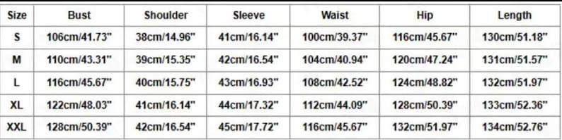 May include: A size chart with measurements in centimeters and inches for bust, shoulder, sleeve, waist, hip, and length. Sizes range from S to XXL, with corresponding measurements like 106cm/41.73" bust for size S, and 134cm/52.76" length for size XXL.