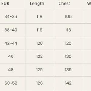 May include: Size chart with measurements in inches and centimeters. Includes US and EUR sizes, along with length, chest, waist, and hip measurements. Sizes range from S to 3XL, with corresponding numerical values for each measurement.