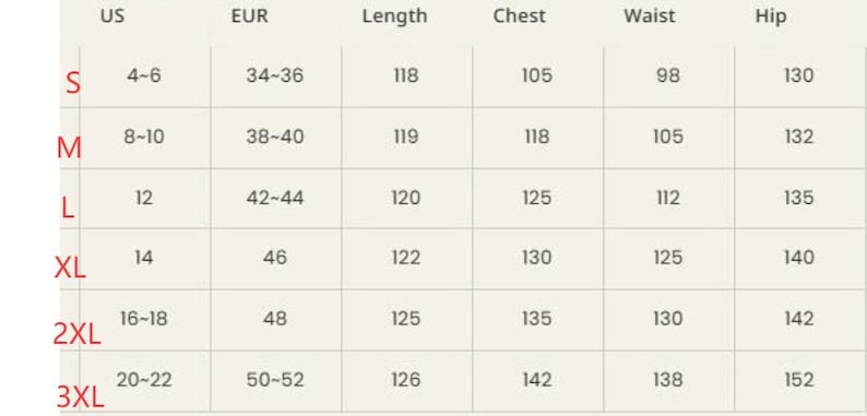 May include: Size chart with measurements in inches and centimeters. Includes US and EUR sizes, along with length, chest, waist, and hip measurements. Sizes range from S to 3XL, with corresponding numerical values for each measurement.