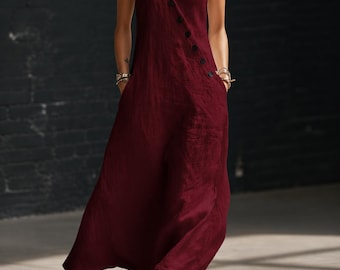 Linen Maxi Dress Women Button Detail Cotton Minimalist Flowy Casual Elegant Outfit Summer Wear