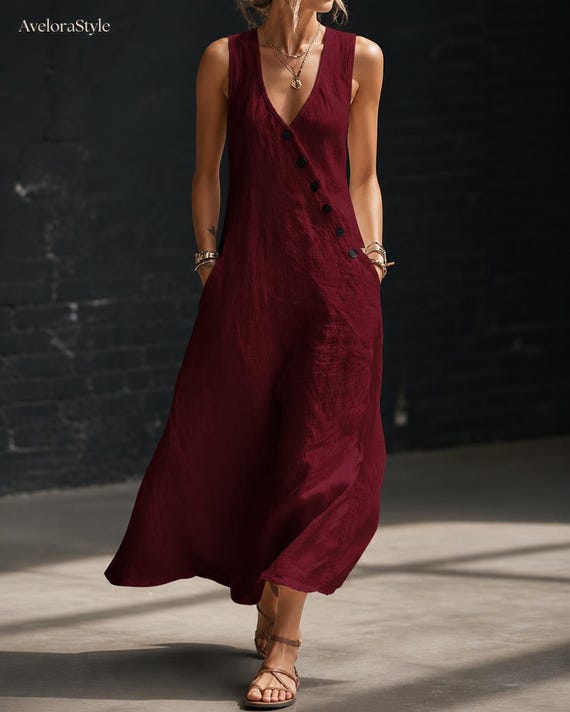 Linen Maxi Dress Women Button Detail Cotton Minimalist Flowy Casual Elegant Outfit Summer Wear