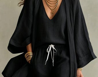 Cotton Linen Three Piece Set Women Sleeveless Tank Shorts Kimono Cardigan Outfit