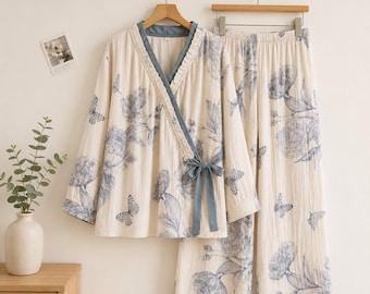Cotton Gauze Pajamas Set Women Floral Butterfly Print Loungewear Two Piece Sleepwear