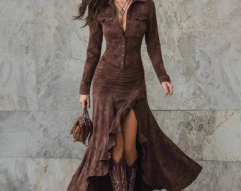 Suede Maxi Dress for Women Western Style Long Sleeve Flowy Outfit