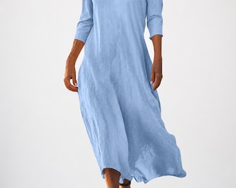 Linen Midi Dress Women Loose Cotton Minimalist Flowy Casual Outfit Elegant Everyday Wear