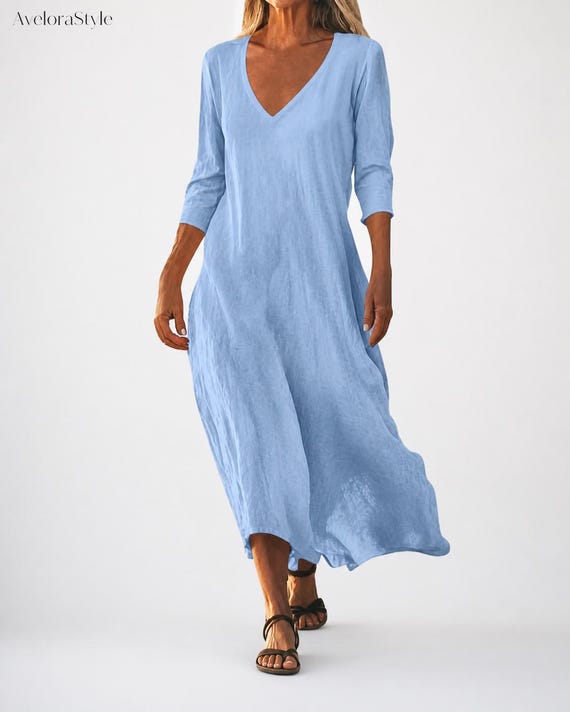 Linen Midi Dress Women Loose Cotton Minimalist Flowy Casual Outfit Elegant Everyday Wear