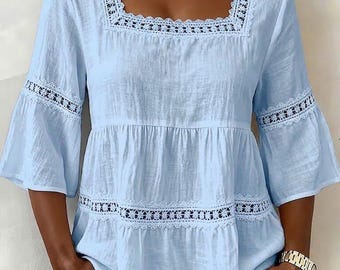 Women Cotton Linen Lace Blouse Square Neck Bell Sleeve Casual Summer Top