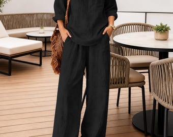 Cotton Two Piece Set Women Loose Top Wide Leg Pants Minimalist Outfit