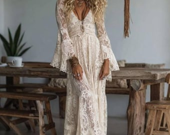 Boho Lace Maxi Dress for Women Flowy Long Sleeve Vintage Style Outfit