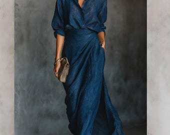 Navy Blue Pleated Maxi Skirt and Shirt Set, Crinkle Two Piece Women's Outfit