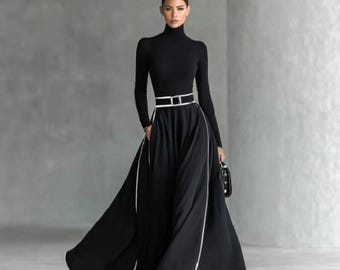 Women High Neck Maxi Dress Long Sleeve Flowy Elegant Waist Cinching Evening Outfit