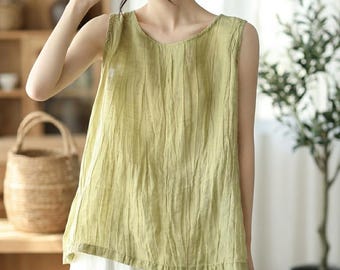 Women Cotton Linen Sleeveless Top Loose Casual Halter Blouse Belly Cover Tank