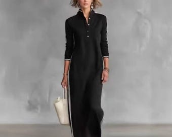Women Long Sleeve Button Neck Maxi Dress Standup Collor Casual Modest Outfit