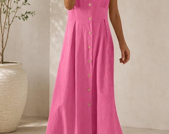 Cotton Linen Button Front Maxi Dress, Sleeveless Collared Summer Dress, Casual Vacation Outfit