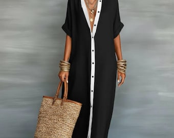 Linen Maxi Shirt Dress for Women Loose Cotton Button Front Casual Outfit