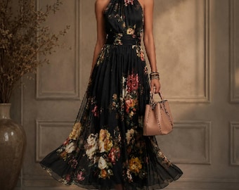 Women Floral Halter Maxi Dress Pleated Mesh Flowy Elegant Evening Outfit