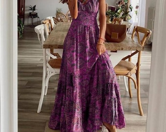 Boho Maxi Dress Women V Neck Flowy Summer Casual Vacation Outfit