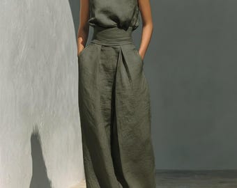 Cotton Linen Jumpsuit Women Sleeveless Wide Leg Elegant Casual Outfit
