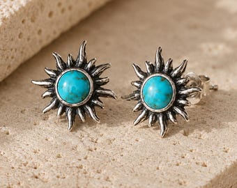 Sunburst Turquoise Stud Earrings, Kingman Turquoise, Southwestern Jewelry, Gift for Her
