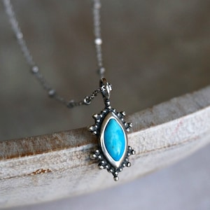 Kal Marquise Turquoise Necklace, Sterling Silver Pendant, Boho Turquoise Jewelry for Women, Dainty Silver Necklace, December Birthstone Gift