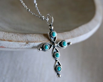 Giulia Sterling Silver Cross Pendant Necklace December Birthstone Genuine Turquoise jewelry Native America Jewelry For Women unique gift