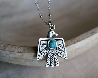 Thunderbird Sterling Silver Pendant Necklace December Birthstone Genuine Turquoise jewelry Native America Jewelry For Women unique gift
