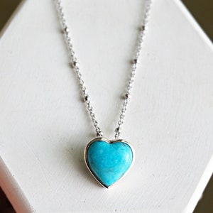 Turquoise Heart Pendant Necklace, Sterling Silver Dainty Jewelry, December Birthstone Necklace, Minimalist Gift for Her, Anniversary Jewelry