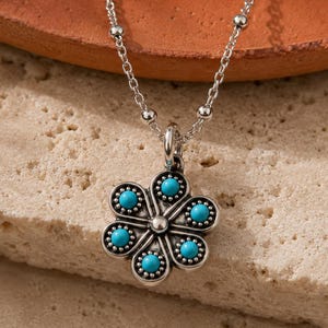 Turquoise Necklace, Iris Kingman Flower Pendant, Sterling Silver