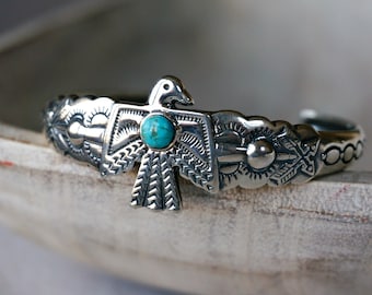 Thunderbird Turquoise Bracelet Silver Bangle Cuff Gemstone Jewelry for women gift Birthstone Native America Western Jewelry Anniversary Gift