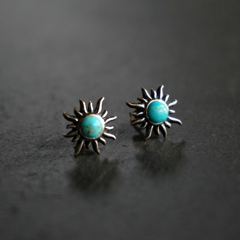 Sunburst Silver Stud Earrings, Turquoise Earrings, Boho Earrings, Birthday Gift, Anniversary Gift, Turquoise studs, turquoise jewelry image 3