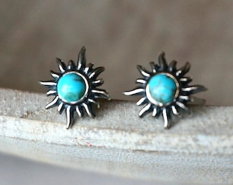 Sunburst Sterling Silver Earrings, Genuine Turquoise Studs, Native American Jewelry, December Birthstone Gift