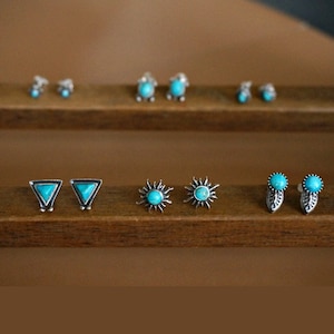 Sunburst Silver Stud Earrings, Turquoise Earrings, Boho Earrings, Birthday Gift, Anniversary Gift, Turquoise studs, turquoise jewelry image 5