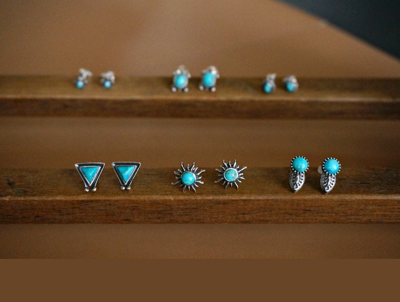 Sunburst Silver Stud Earrings, Turquoise Earrings, Boho Earrings, Birthday Gift, Anniversary Gift, Turquoise studs, turquoise jewelry image 5