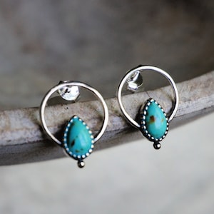 Vale Turquoise Hoop Earrings, Sterling Silver Boho Hoops, Western Jewelry, Genuine Gemstone Earrings, Anniversary or Birthday Gift for Her