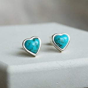 Turquoise Heart Stud Earrings, Sterling Silver Dainty Earrings, Genuine Gemstone Jewelry, December Birthstone Gift, Anniversary Gift