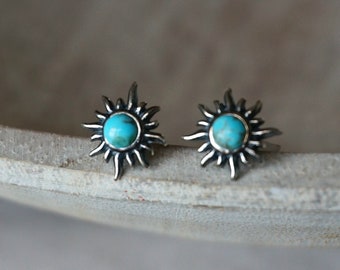 Sunburst Silver Stud Earrings, Turquoise Earrings, Boho Earrings, Birthday Gift, Anniversary Gift, Turquoise studs, turquoise jewelry