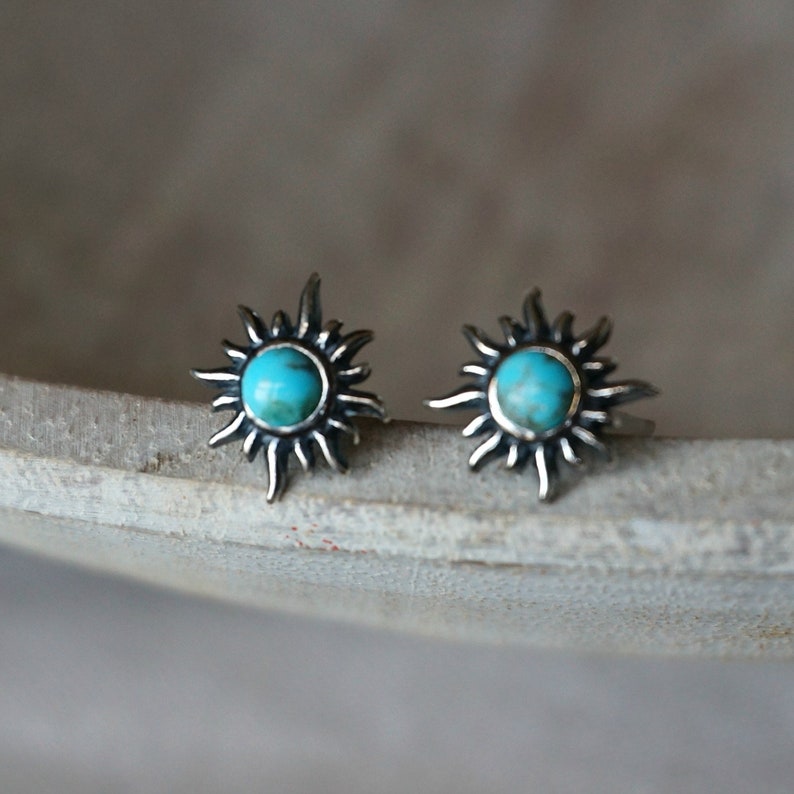 Sunburst Silver Stud Earrings, Turquoise Earrings, Boho Earrings, Birthday Gift, Anniversary Gift, Turquoise studs, turquoise jewelry image 1