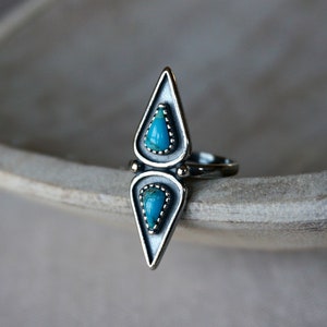 Turquoise Sterling Silver Ring, Adjustable Statement Ring, Boho Funky Jewelry, Genuine Gemstone, Birthday or Anniversary Gift for Her