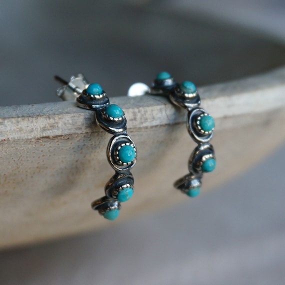 Sam Hoop Earrings, Genuine Turquoise Sterling Silver, Handcrafted Boho Southwestern Jewelry, December Birthstone Gift for Women