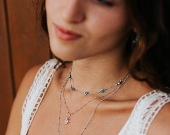 Collar de 5 piedras de turquesa, gargantilla de plata de ley, joyería bohemia en capas, regalo de piedra natal de diciembre